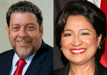 Prime Minister of St. Vincent and the Grenadines, Dr. Ralph Gonsalves (left) and Prime Minister of Trinidad and Tobago, Kamla Persad Bissessar. (Montage image)