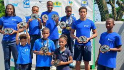 Front row, from left:  Zane Da Briel,  Xid Toney, Saige Jobe. Back row, from left:  Tayeah St. Hilaire, Skylar Byron,  Belle Adams,  Saj Caesar,  Hazen Da Briel,  Jadon Hamilton of Blue Marlins.