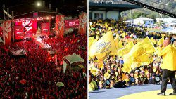 Supporters of the incumbent People’s National Movement, right, and the main opposition United National Congress and campaign events. 
