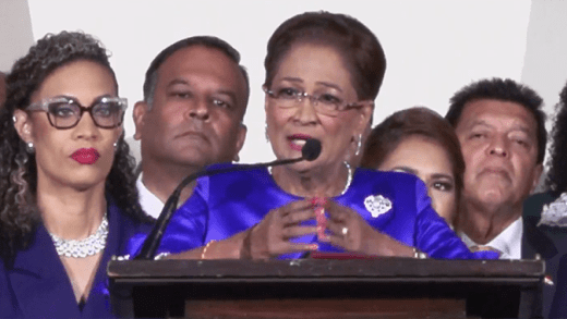 Prime Minister of Trinidad and Tobago, Kamla Persad Bissessar speaks at a ceremony in Port of Spain to swear in her Cabinet on Saturday, May 3, 2025. 