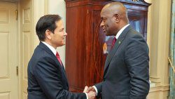 Dominica’s Prime Minister Roosevelt Skerrit, right, being greeted by US Secretary of State, Marco Rubio, ahead of the talks in Washington on Tuesday, May 6, 2025. (Photo: Facebook/ RooseveltSkerrit)